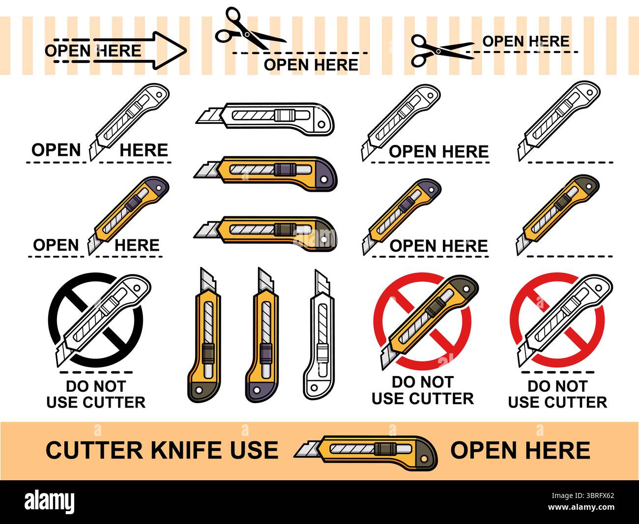 Taglierina cancelleria coltello da ufficio carta tagliata, aprire qui la confezione di cartone. Non utilizzare taglienti taglienti per lame in acciaio affilato. Icona con linea tratteggiata a forbice Illustrazione Vettoriale
