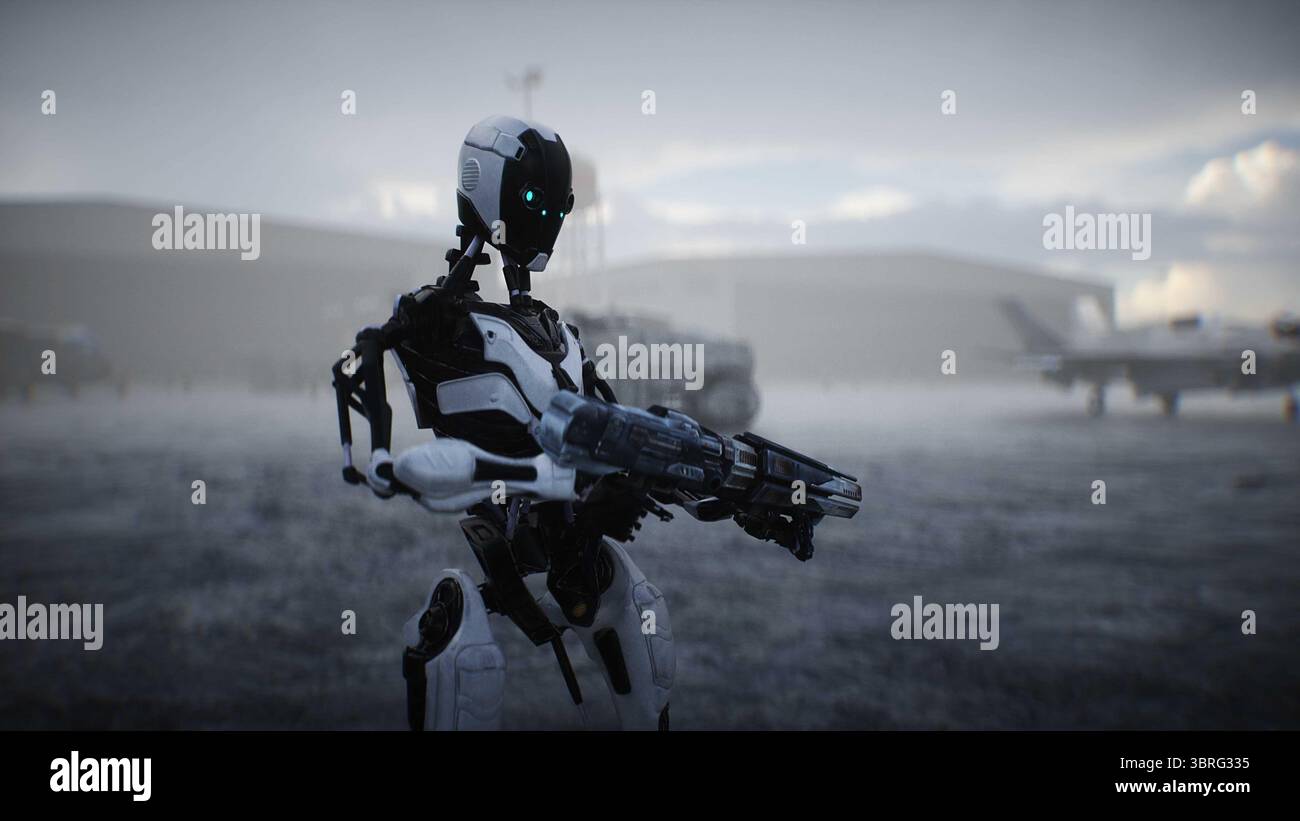 Futuristica base militare con robot e nave aerea. rendering 3d. Foto Stock