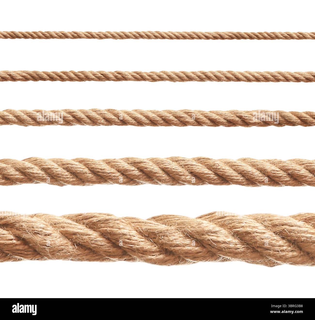 Funi di diverso spessore isolate su bianco, set Foto Stock