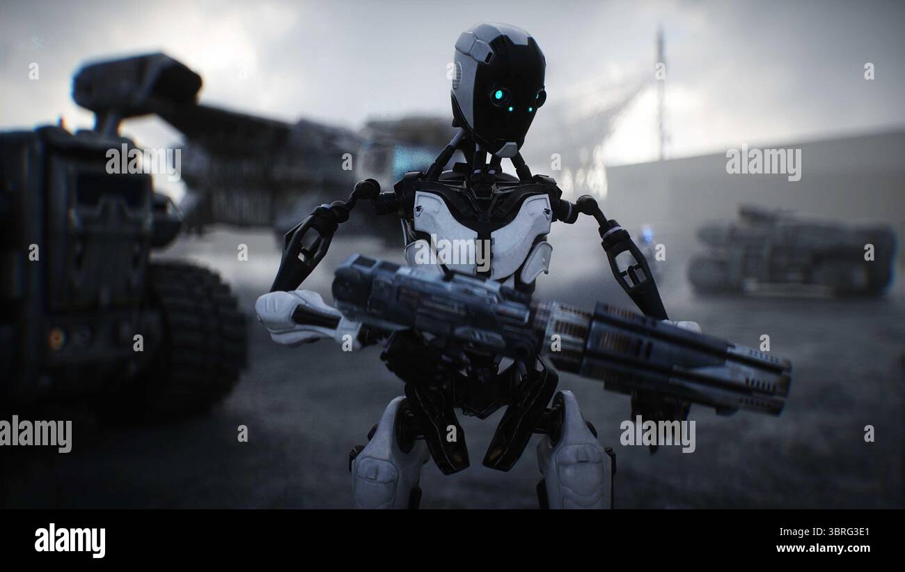 Futuristica base militare con robot e nave aerea. rendering 3d. Foto Stock