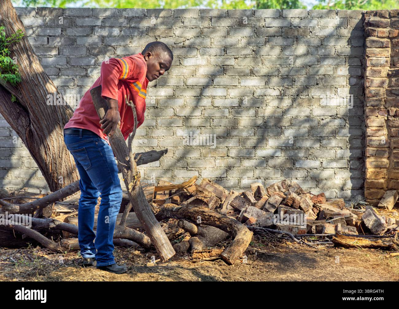 operaio africano che solleva tronchi di legno, con un aspetto ruvido e virile, che lavora all'aperto nel cortile, macina gli sfondi Foto Stock