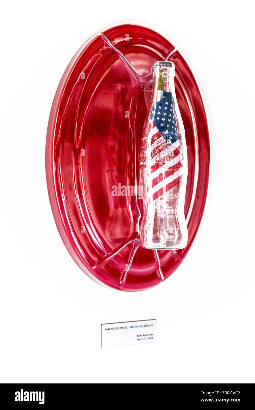 Torrance, California, Stati Uniti. 12 luglio 2025. "America's Pride - Hecho en Mexico" dell'artista Seth Kaufman è esposto alla terza edizione della TRYST alternative Art Fair. Prodotta dal Torrance Art Museum, la fiera è una mostra indipendente e non commerciale per spazi e collettivi gestiti da artisti della California meridionale. (Credit Image: © Brian Cahn/ZUMA Press Wire) SOLO PER USO EDITORIALE! Non per USO commerciale! Foto Stock