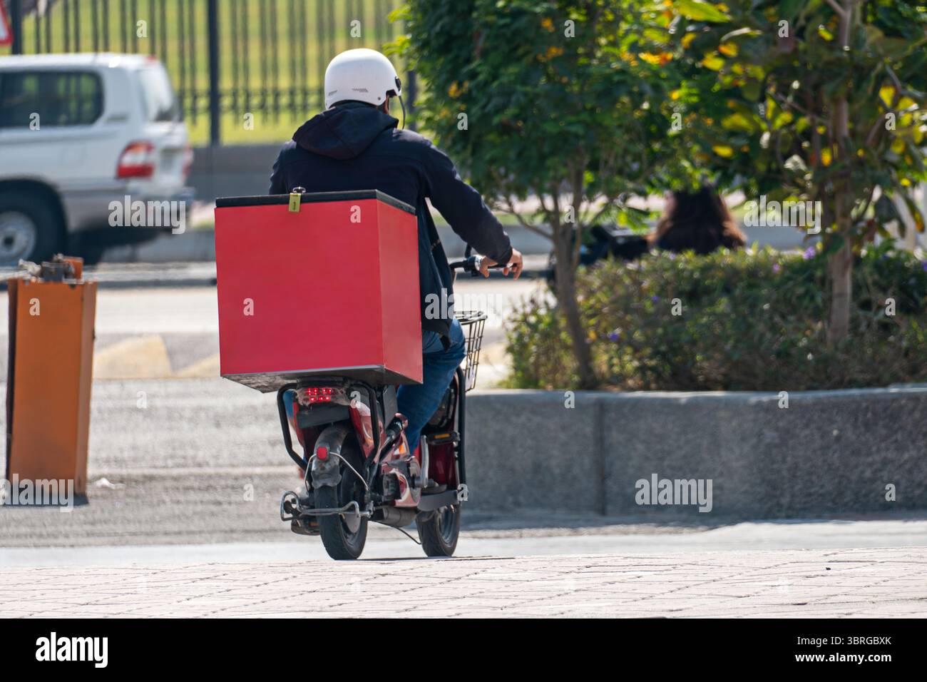 Addetto alla consegna a bordo di una bicicletta elettrica con borse della spesa, sfondo urbano, consegna di cibo ecocompatibile, trasporto sostenibile. Foto Stock
