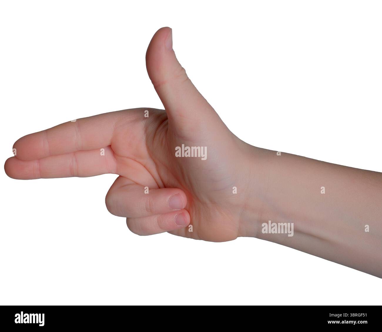 Una mano sta scherzando formando una pistola, evocando un senso di divertimento. Foto Stock