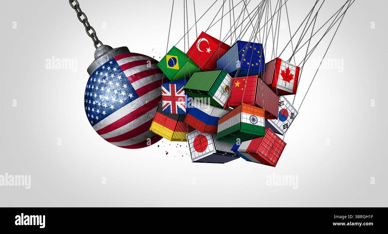 Crisi del commercio globale degli Stati Uniti come conflitto commerciale americano e internazionale con il protezionismo economico americano e l'isolazionismo che sconvolge l'economia mondiale come Foto Stock