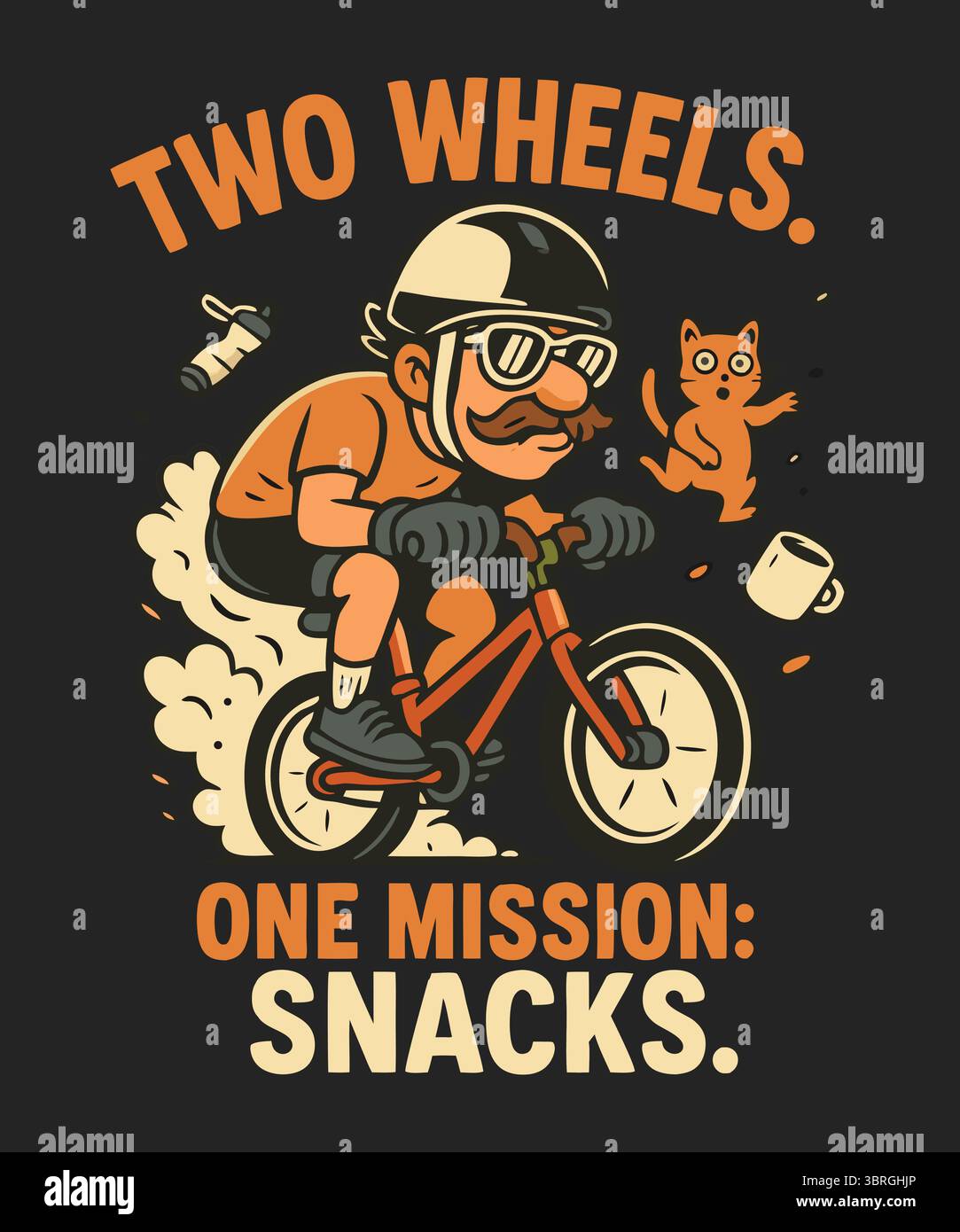 Divertente ciclista con la barba in sella a una minuscola bicicletta con un gatto volante e un caffè in volo, maglietta a tema merenda comica Illustrazione Vettoriale