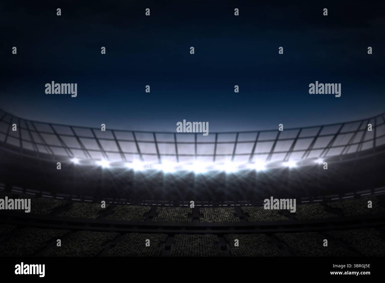 La pista vuota per i posti a sedere è illuminata di notte con un design piatto sotto i riflettori e la capriata curva Foto Stock