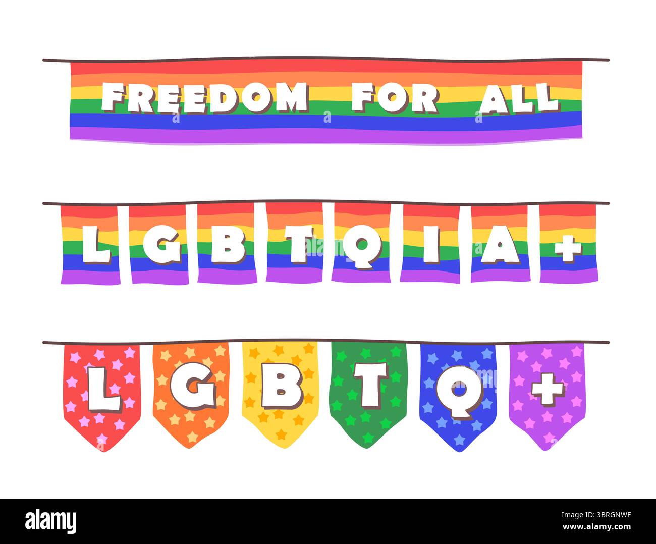 Set di bandiere arcobaleno con le parole per Gay Pride Concept Illustration Clip Art Illustrazione Vettoriale