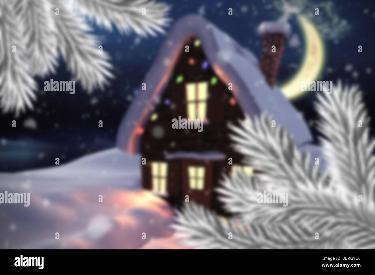 La cabina in legno è illuminata con finestre illuminate dal design piatto, con fiocchi di neve cadenti e rami di pino Foto Stock