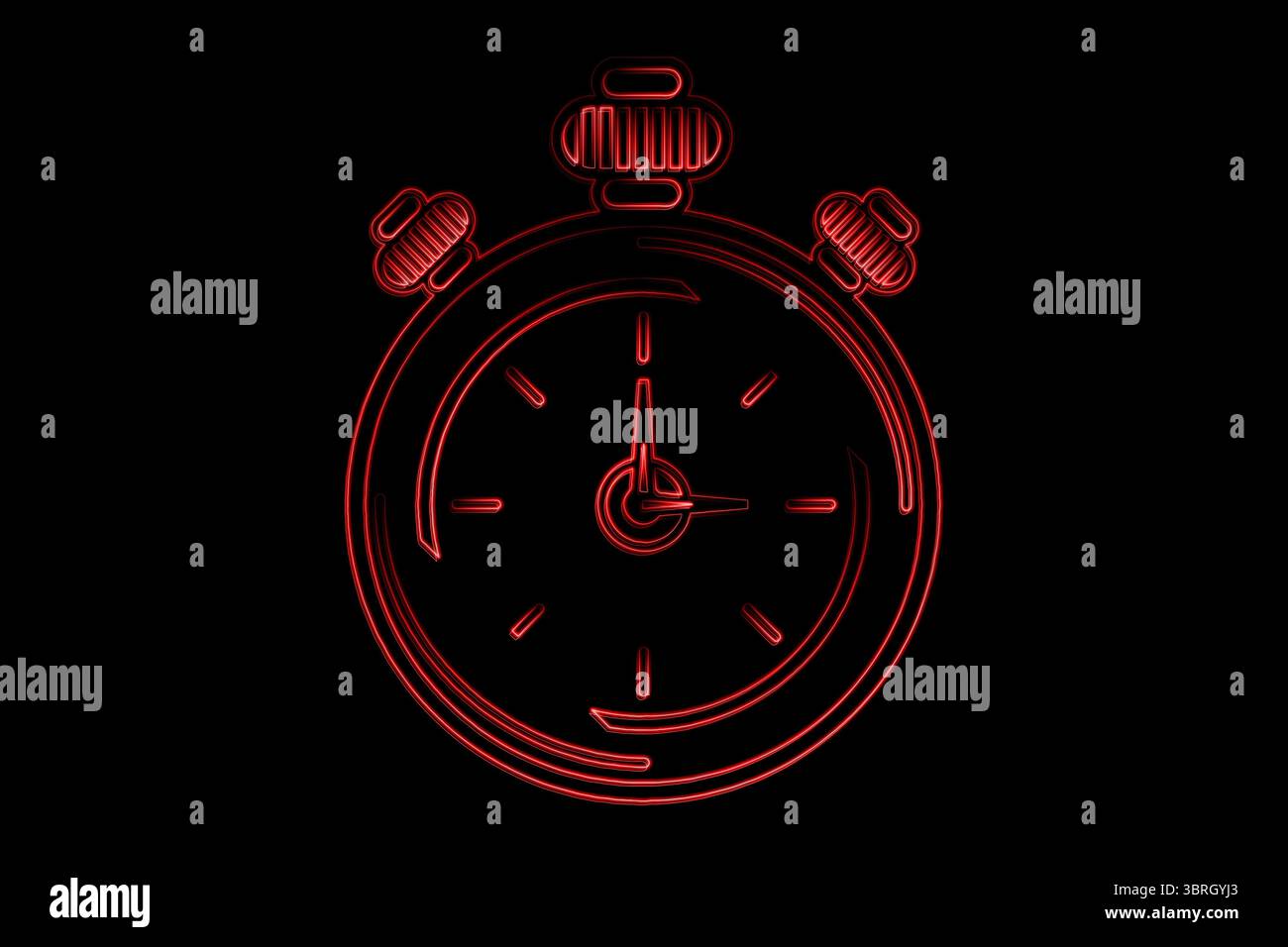 Il cronometro al neon rosso brillante poggia su uno sfondo nero pieno e mostra un effetto di segnaletica al neon Foto Stock