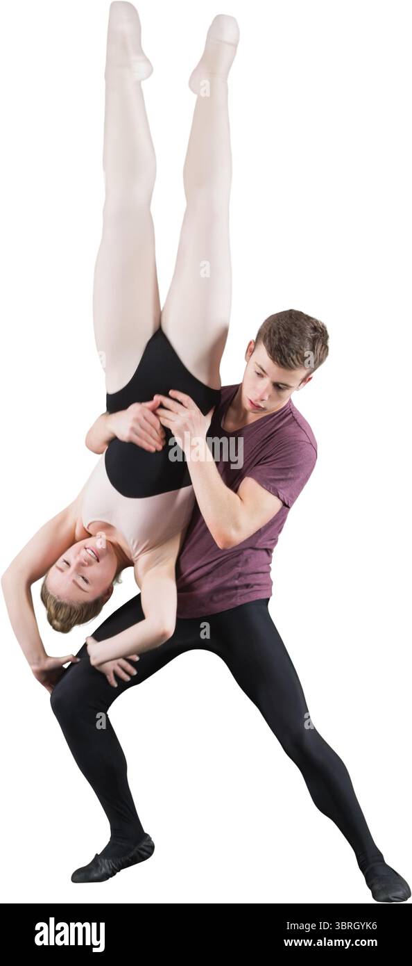 Il design piatto mostra due ballerini che eseguono un sollevamento acrobatico con abbigliamento su sfondo bianco Foto Stock