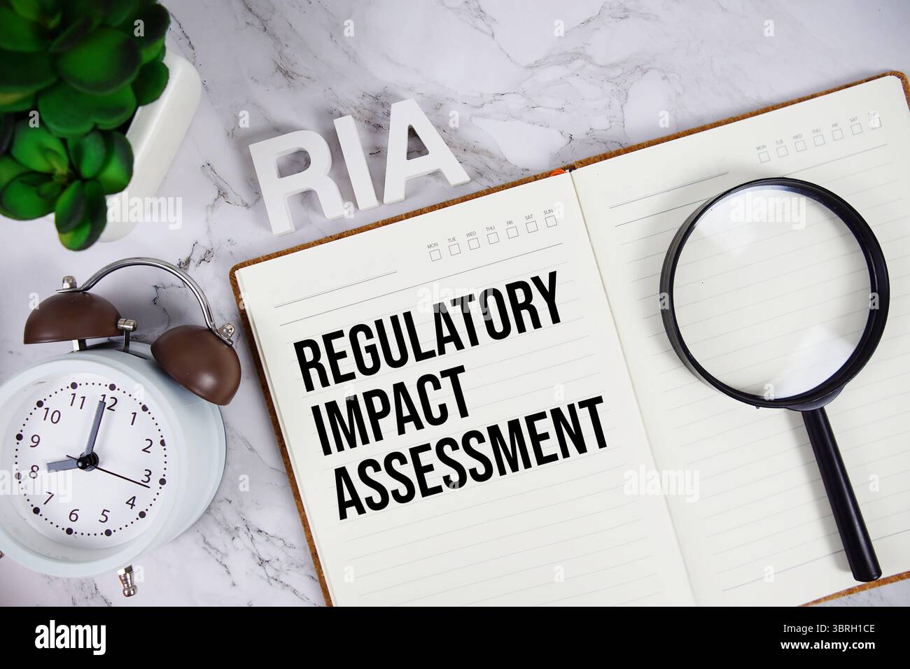 RIA - Regulatory Impact Assessment acronimo su blocco note, background del concetto aziendale Foto Stock