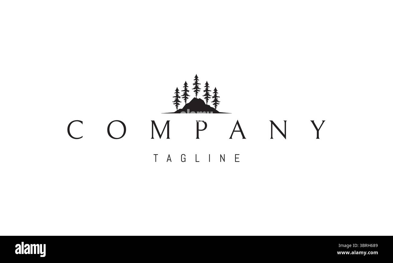 Un logo vettoriale che presenta montagne astratte con alberi di pino che crescono lungo le loro pendici, combinando natura aspra con semplicità geometrica. Illustrazione Vettoriale