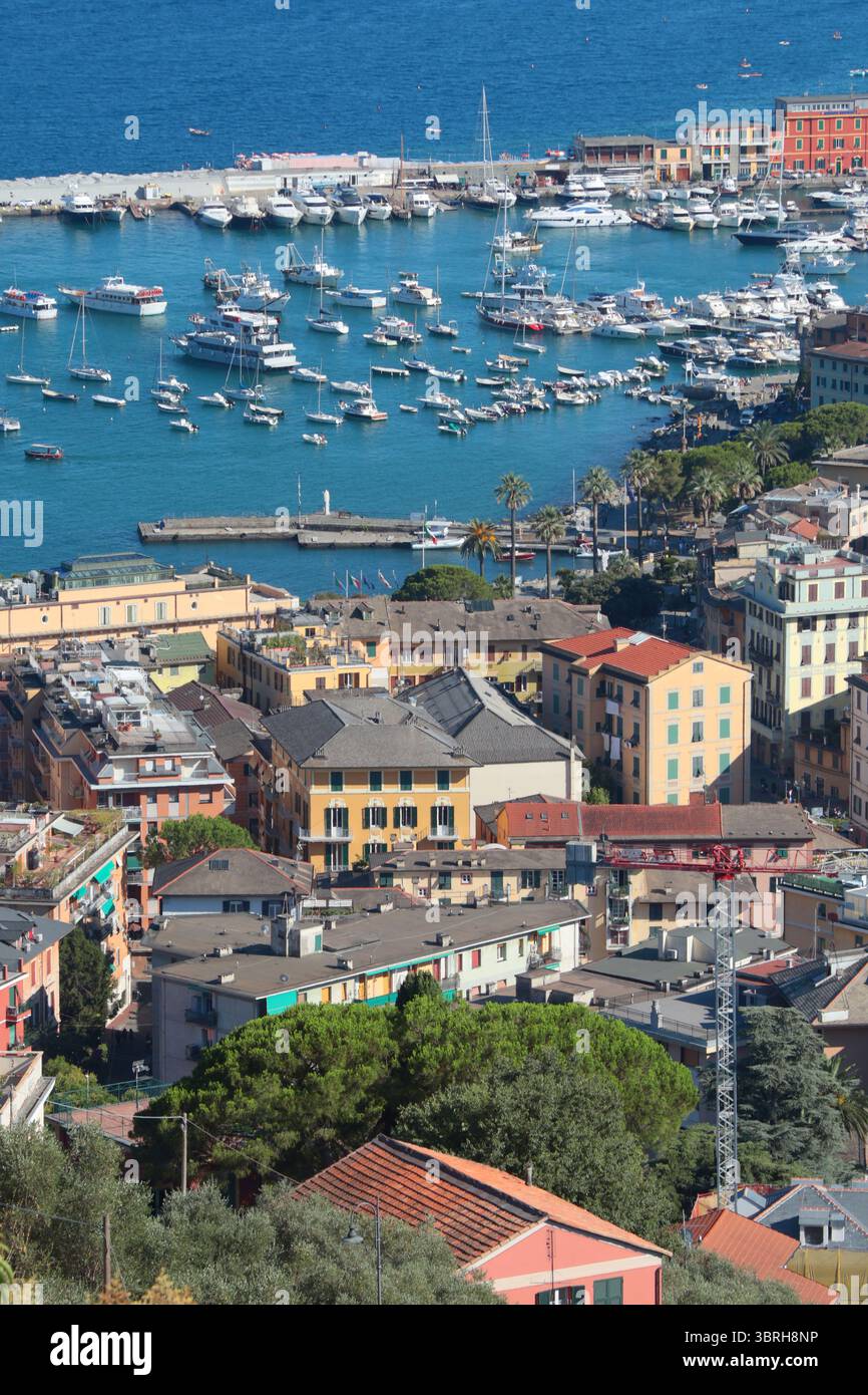 Camogli, Italia - 11 luglio 2025. Yacht, barche nella baia della Liguria. Mare e turismo in Italia. Edifici tradizionali. Sfondo per la progettazione. Foto Stock