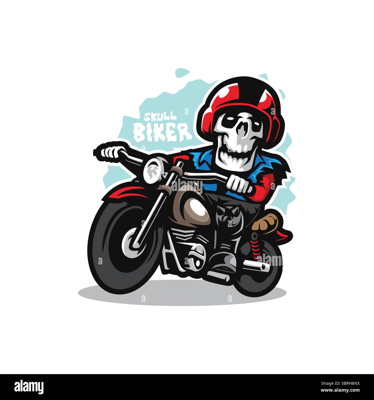 Design vettoriale con logo della mascotte teschio e stile concept per la stampa di badge, emblemi e t shirt. Illustrazione del cranio dei motociclisti. Illustrazione Vettoriale