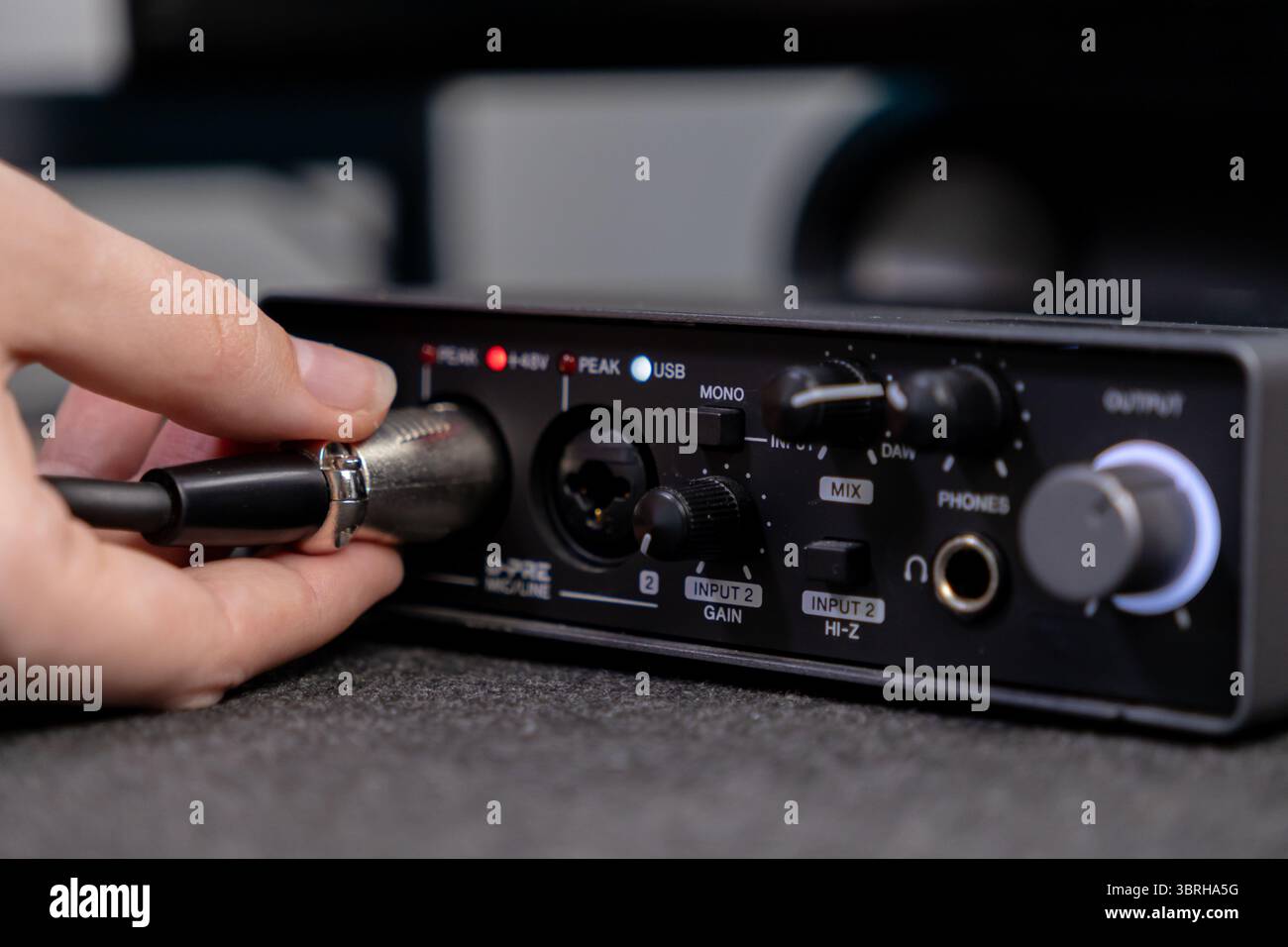 Vista dettagliata di una persona che collega un cavo XLR a un'interfaccia audio nera, che mostra l'ingresso, il guadagno e l'uscita cuffie D-PRE per l'audio e. Foto Stock