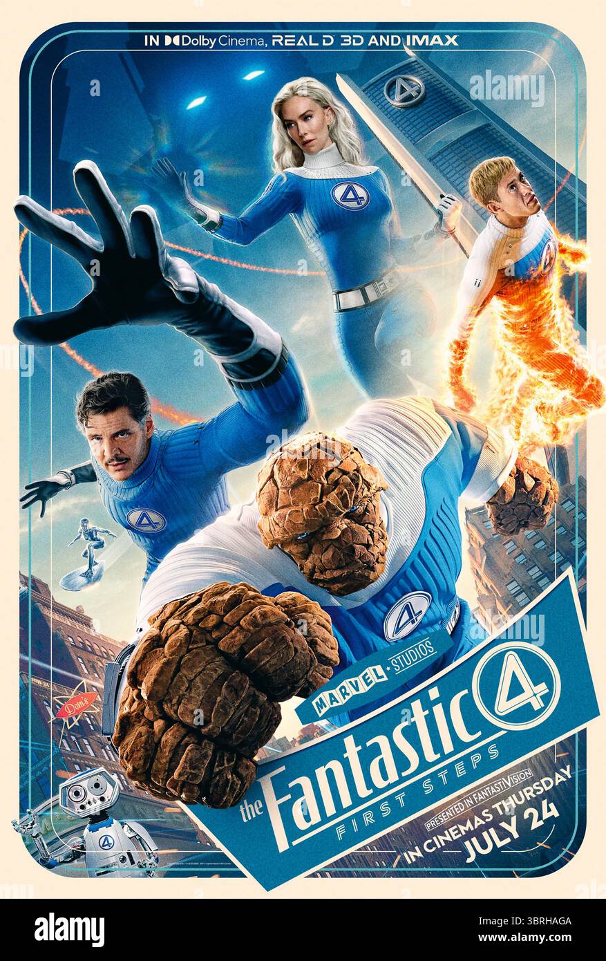 The Fantastic Four: First Steps (2025) diretto da Matt Shakman e interpretato da Pedro Pascal, Vanessa Kirby, Joseph Quinn. I fantastici quattro devono difendere la Terra da un celeberrimo dio spaziale chiamato Galactus e dal suo enigmatico Herald, Silver Surfer. SOLO PER L'USO EDITORIALE del poster STATUNITENSE. Crediti: BFA / Walt Disney Studios Motion Pictures; Foto Stock