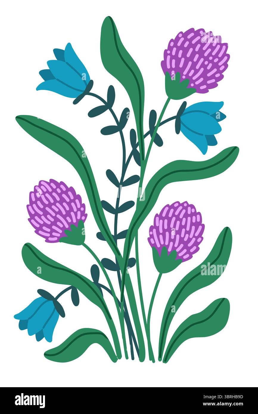 Illustrazione vettoriale piatta di poster disegnato a mano con delicato bouquet isolato di fiori selvatici, tra cui trifoglio e campana su sfondo bianco Illustrazione Vettoriale