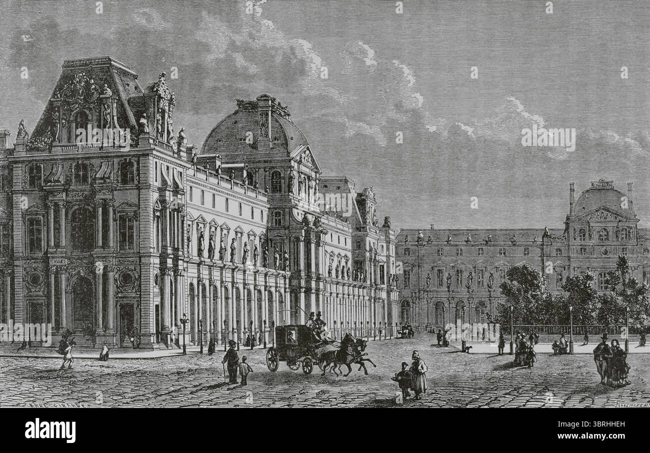 Parigi, Francia. Nouveau Louvre. Illustrazione di Karl Girardet. Incisione di Pannemaker. Histoire de Paris et de ses Monuments (storia di Parigi e dei suoi monumenti), 1895. Foto Stock