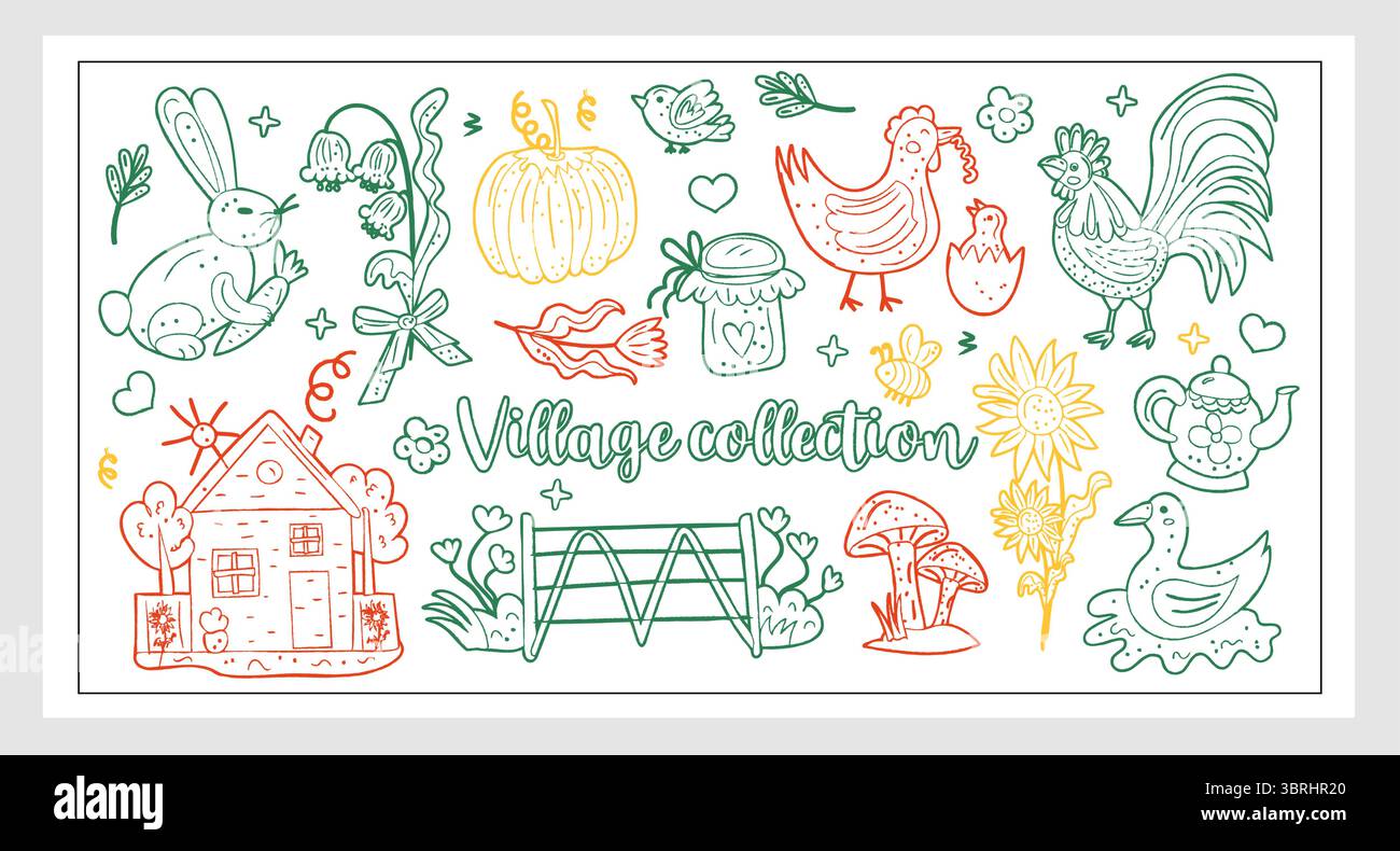 Village Collection, set vettoriale disegnato a mano con animali da fattoria, girasoli, verdure, funghi, casa accogliente e graziosi scarabocchi di campagna. Perfetto per Illustrazione Vettoriale