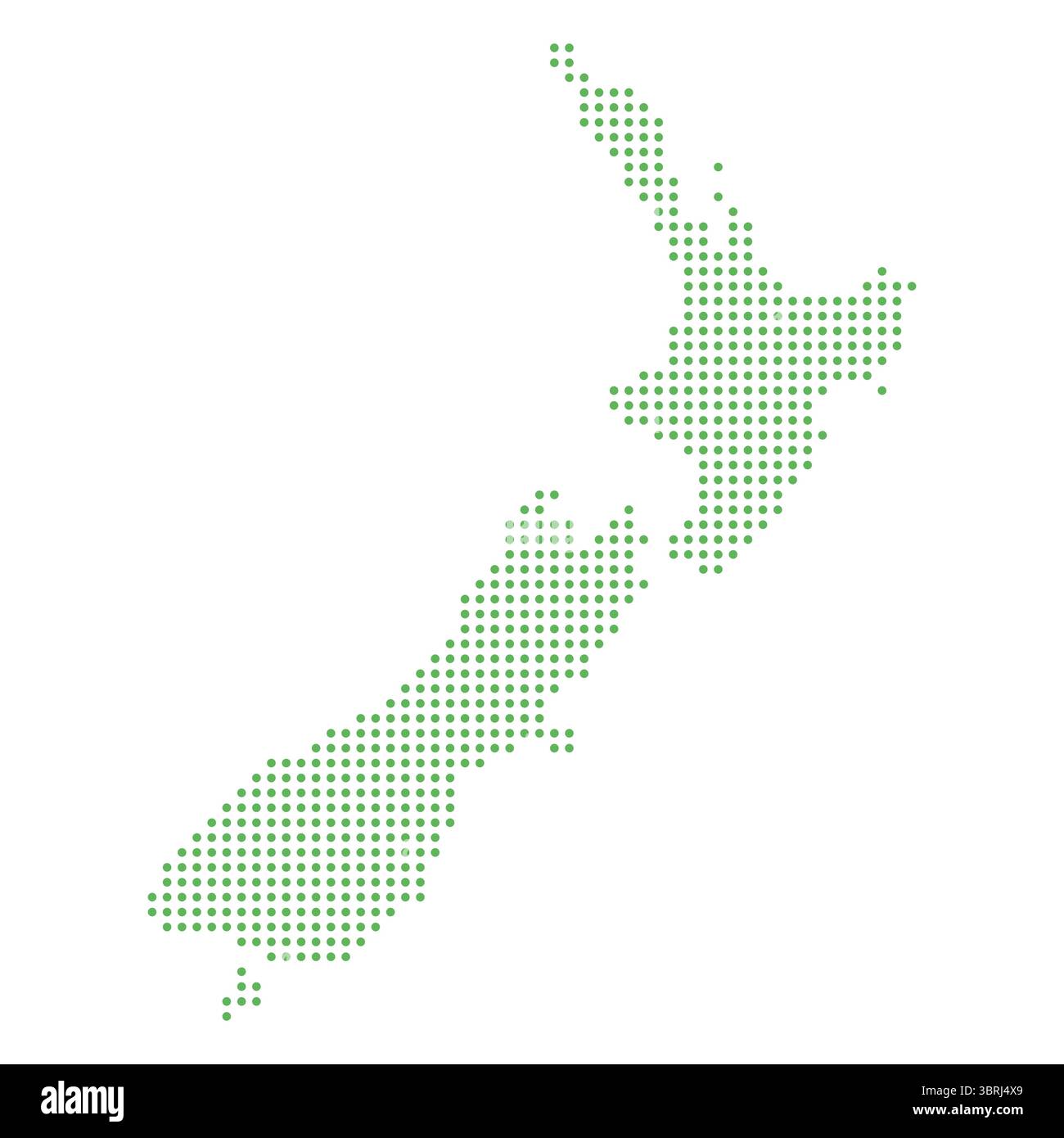 Mappa vettoriale pulita della nuova Zelanda composta da punti verdi uniformemente distanziati su sfondo bianco. Ideale per l'uso in infografiche moderne e presentazioni digitali Illustrazione Vettoriale