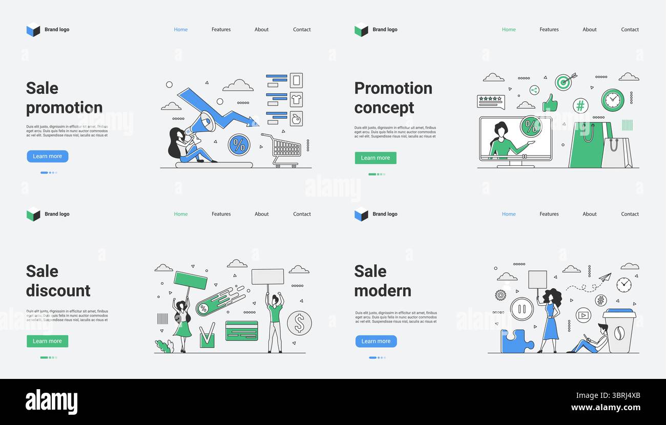 Si tratta di una raccolta di illustrazioni vettoriali di modelli Web di alta qualità che mostrano varie promozioni di vendita, sconti e altri concetti promozionali adatti alle aziende di e-commerce online Illustrazione Vettoriale