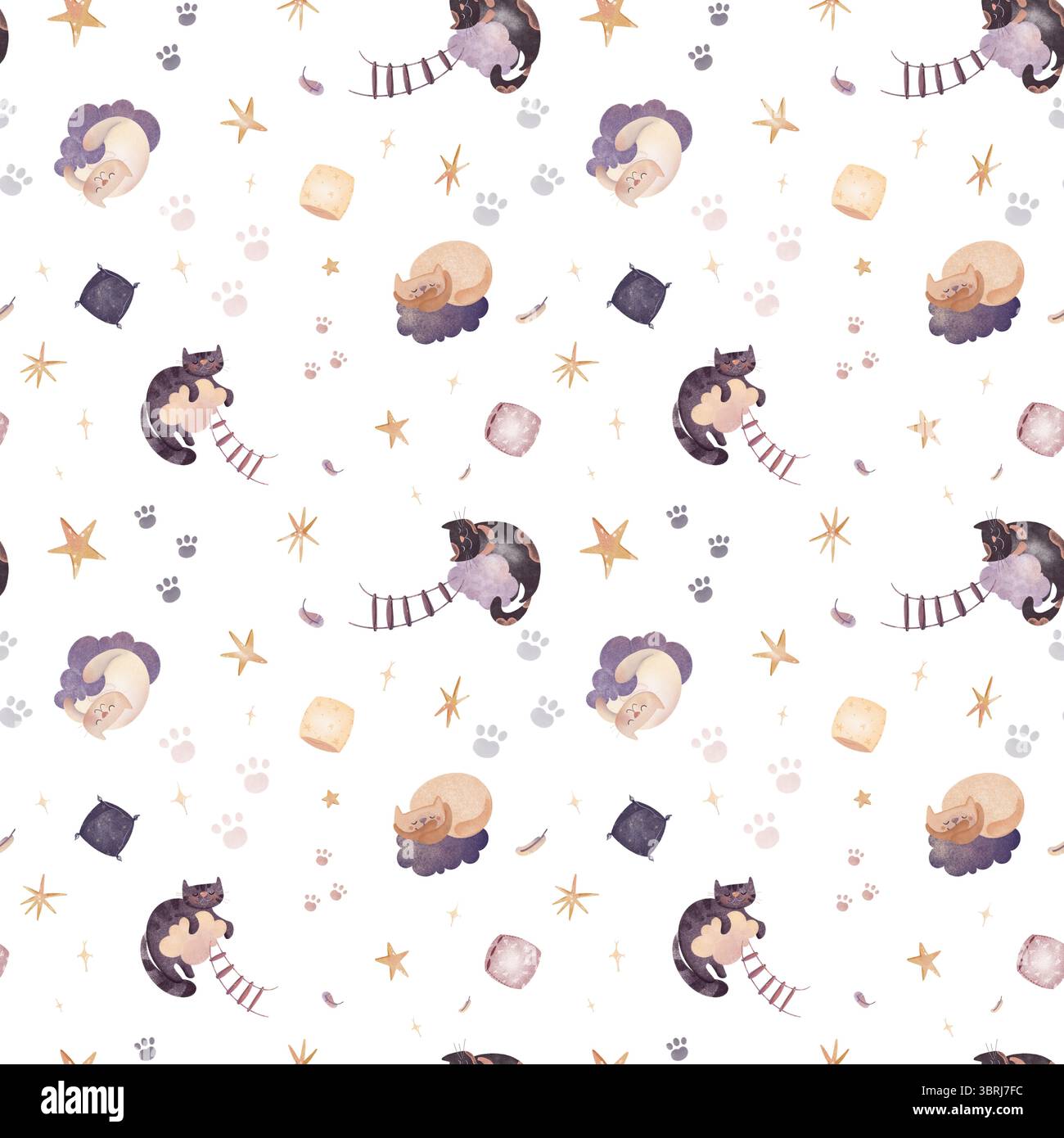 Illustrazione digitale con pattern senza interruzioni di simpatici gatti che dormono su nuvole con stelle, cuscini e scale. Texture acquerello, perfetta per i bambini Foto Stock