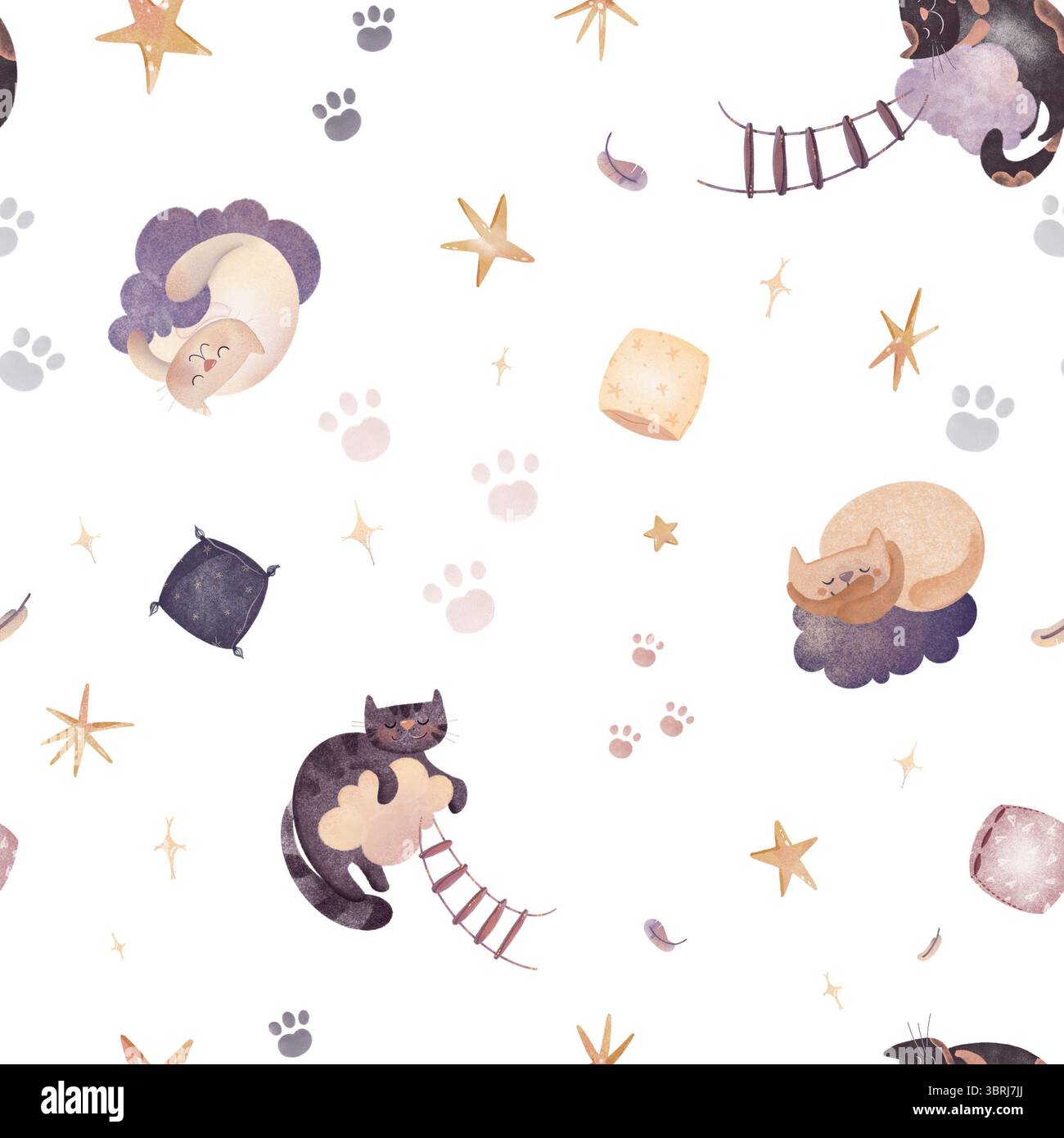 Illustrazione digitale con pattern senza interruzioni di simpatici gatti che dormono su nuvole con stelle, cuscini e scale. Texture acquerello, perfetta per i bambini Foto Stock