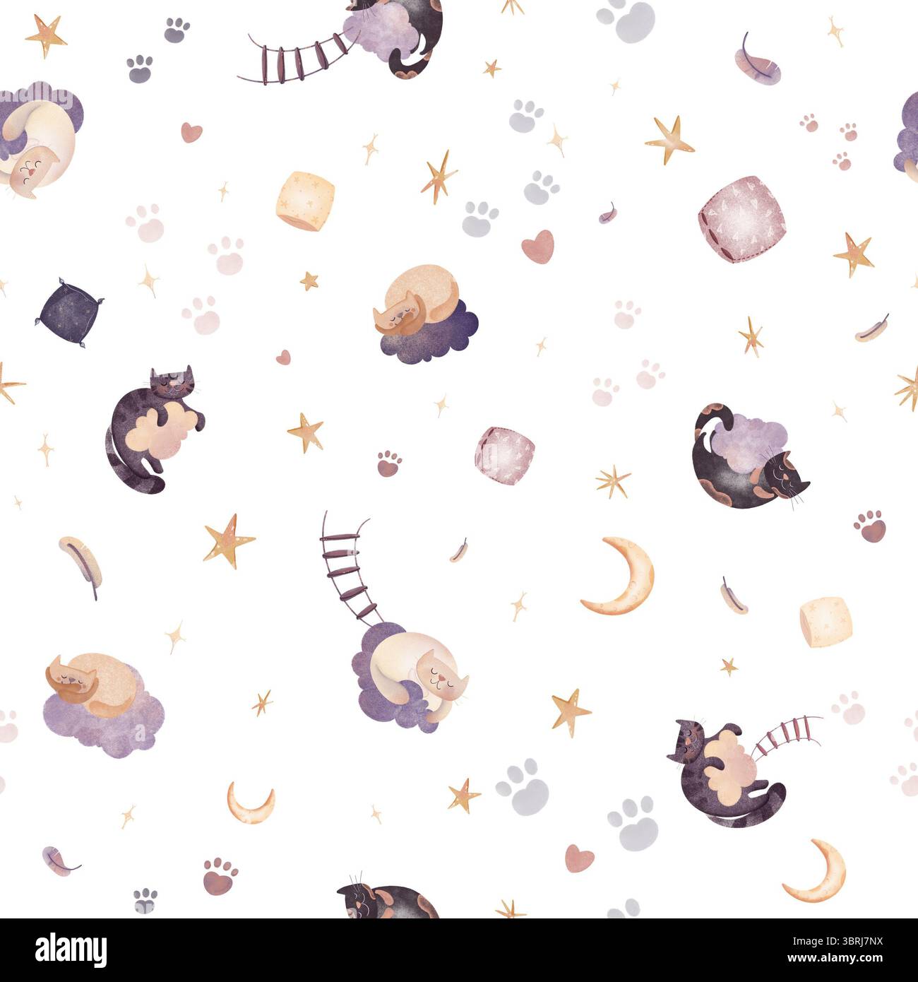 Illustrazione digitale con pattern senza interruzioni di simpatici gatti che dormono su nuvole con stelle, cuscini e scale. Texture acquerello, perfetta per i bambini Foto Stock
