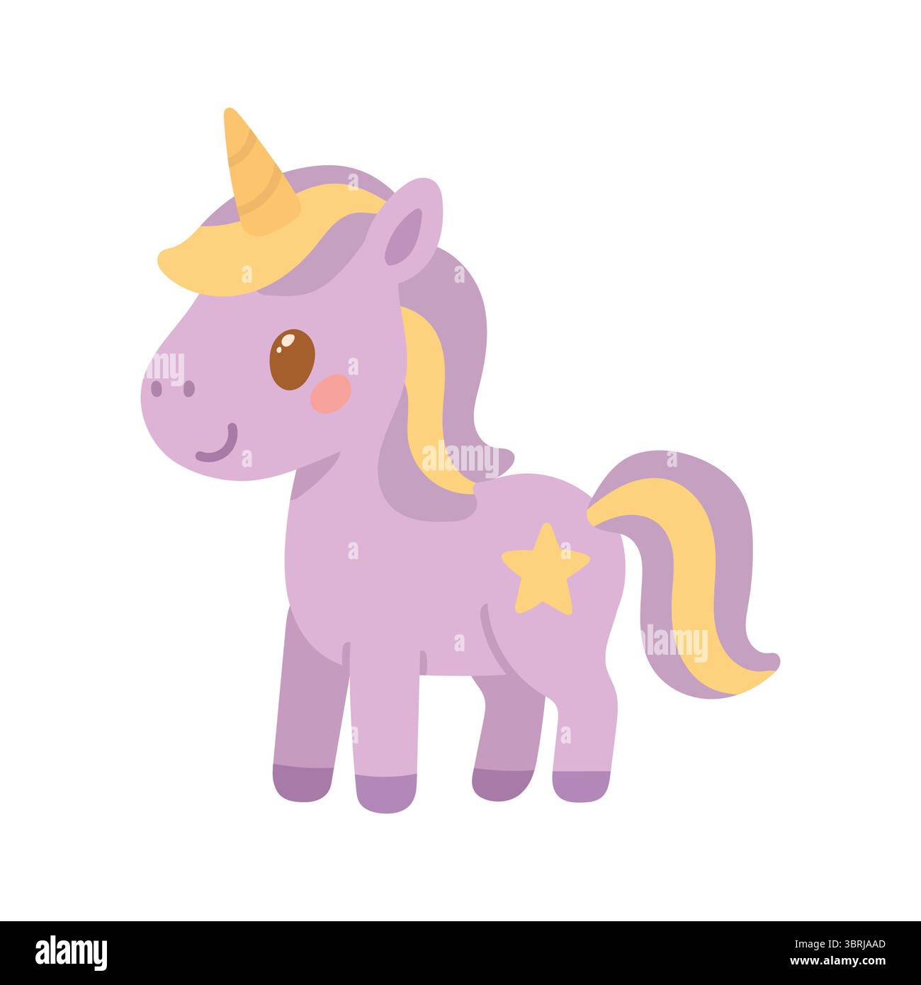 Adorabile unicorno viola con criniera gialla e stella, progettato per libri di storia magici, temi fantasy o affascinanti illustrazioni per bambini Illustrazione Vettoriale