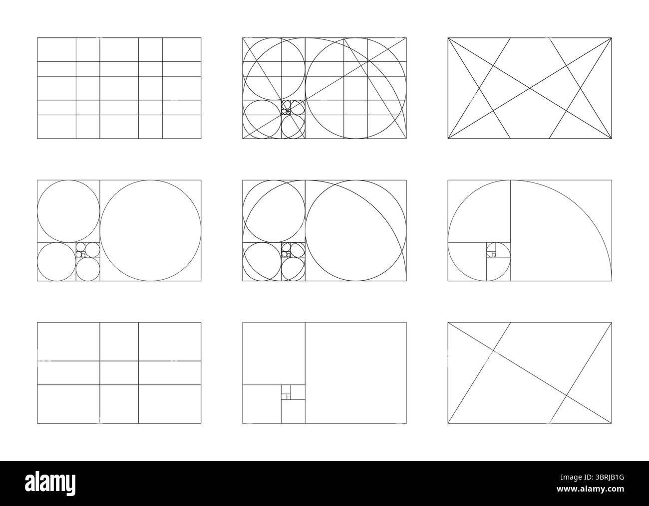 Modelli di rapporto aurea. Metodo modelli di sezione dorati. Matrice Fibonacci, numeri forme. Armonia proporzioni forme. Illustrare l'illustrazione grafica Illustrazione Vettoriale