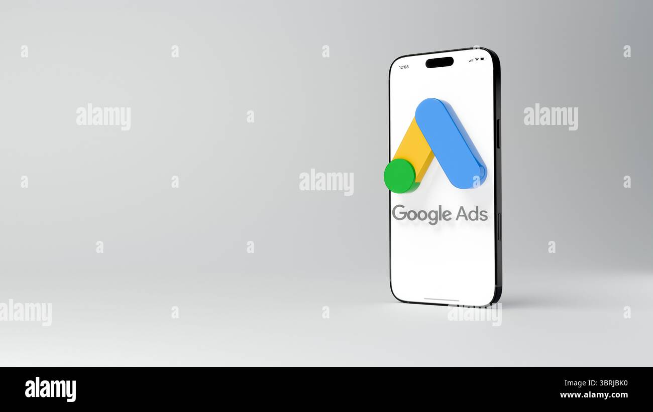 Logo Google Ads sullo schermo dell'iPhone. Il logo AdWords viene visualizzato sul display del telefono cellulare. Rendering 3D. Sfondo bianco con spazio di copia. Rosario, Argentina Foto Stock