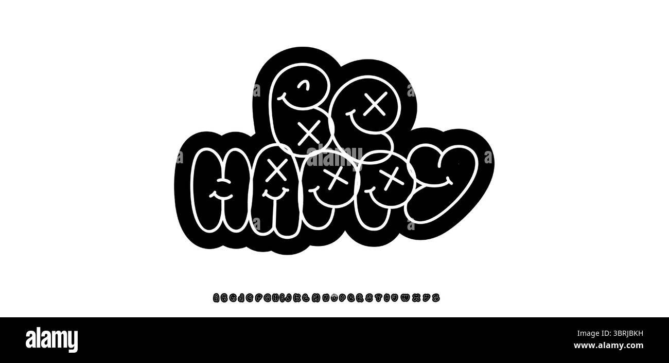 Messaggio di benvenuto Graffiti, font doodle, volti di cartoni animati e lettere X-Eyes. Design tipografico originale e audace per adesivi, poster, etichette e logo per i giovani Illustrazione Vettoriale