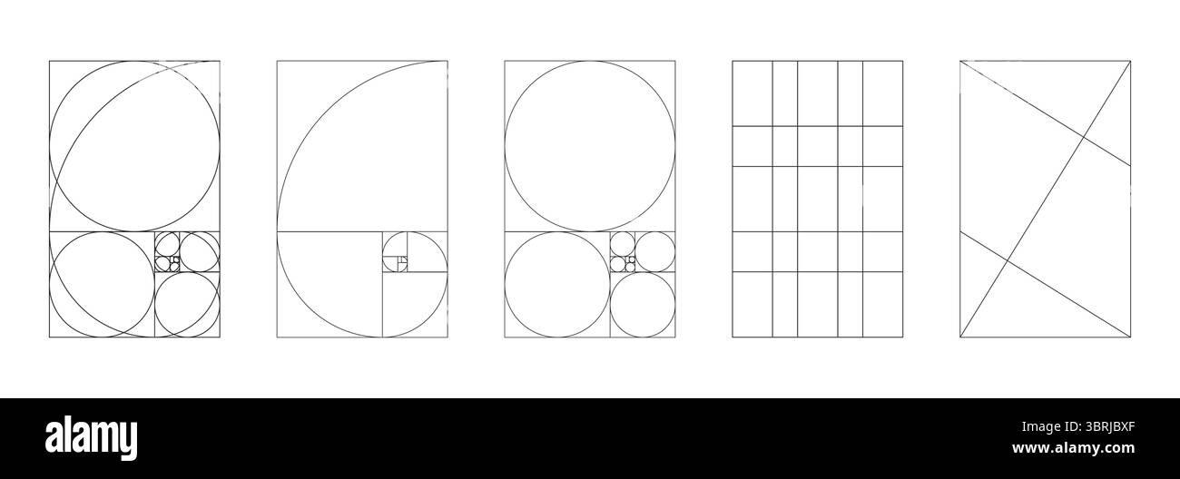 Set di dima piatta con rapporto dorato. Metodo Golden section mockup. Matrice Fibonacci, numeri forme. Armonia proporzioni minime. Immagine di contorno Illustrazione Vettoriale