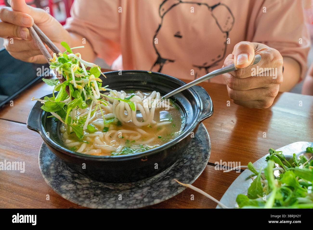 Zuppa di spaghetti di pesce Snakehead (banh canh CA loc) - con spaghetti fatti con farina di riso - un piatto delizioso e popolare in molte località del centro e di Sou Foto Stock