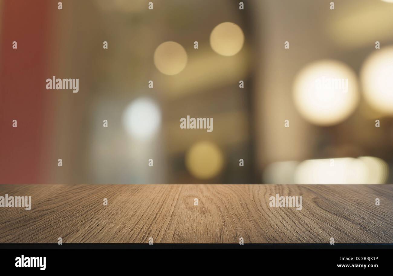 Mock-up per lo spazio. Tavolo vuoto di legno scuro davanti allo sfondo bokeh astratto e sfocato del ristorante. può essere utilizzato per la visualizzazione o il montaggio del prodotto Foto Stock