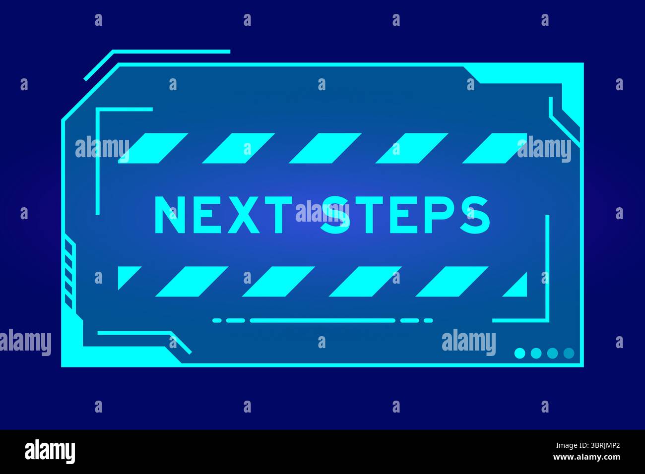 Colore blu del futuristico banner hud con Word Next Steps sullo schermo dell'interfaccia utente su sfondo nero Illustrazione Vettoriale