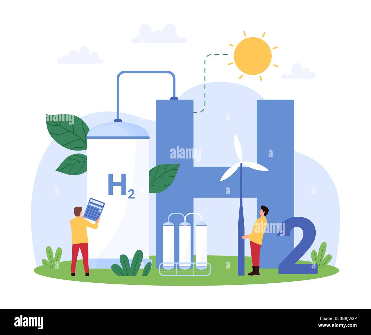 Illustrazione vettoriale di piccole persone che sviluppano e ricercano la tecnologia del combustibile a idrogeno, evidenziando soluzioni energetiche sostenibili, benefici ambientali e innovazione scientifica. Illustrazione Vettoriale