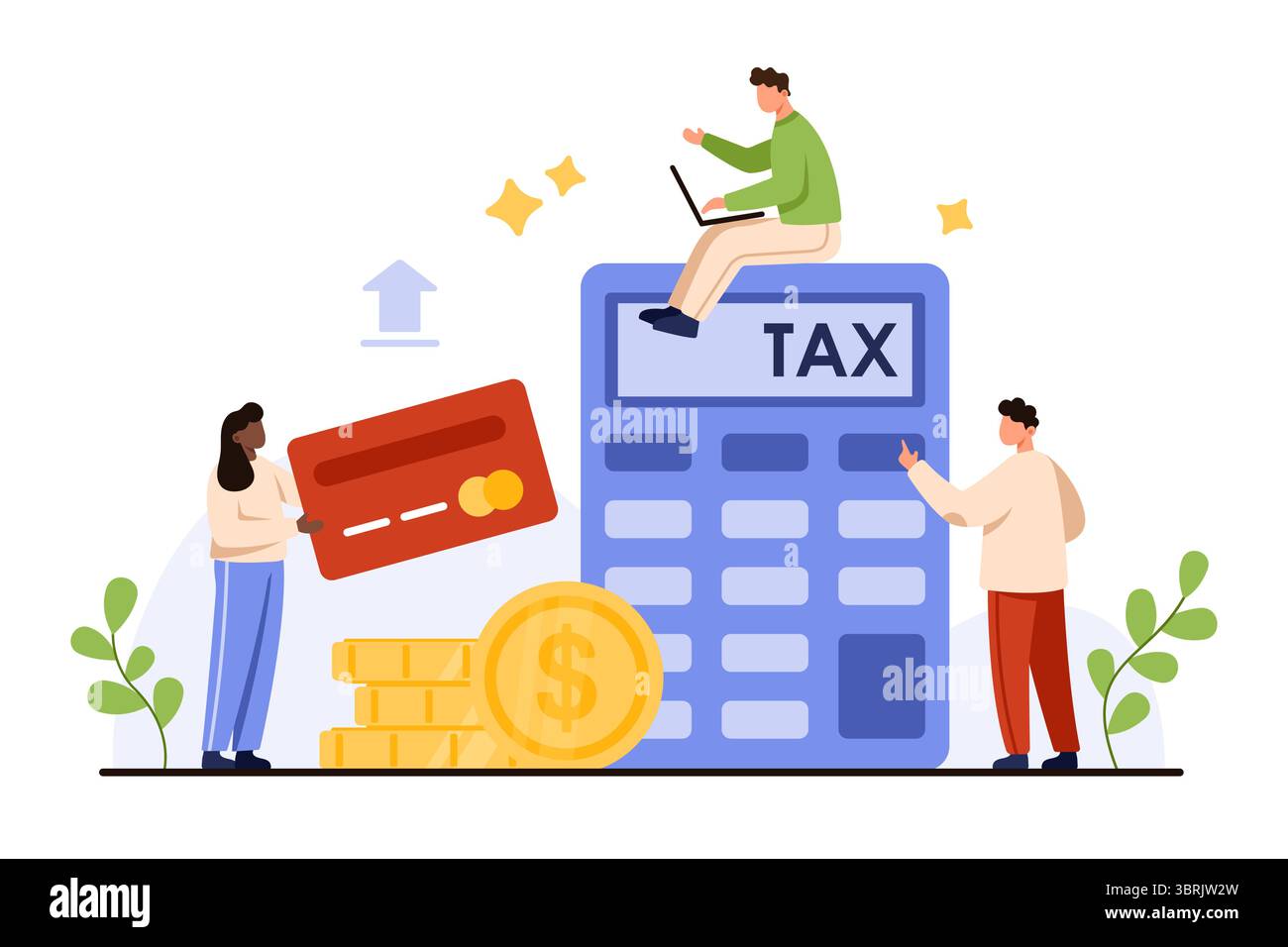 Calcolo delle imposte, gestione del bilancio, servizi contabili. Persone di piccole dimensioni con carta di credito, gli esperti calcolano le entrate, il prezzo fiscale sulla calcolatrice per pagare o restituire la commissione di denaro illustrazioni vettoriali dei cartoni animati Illustrazione Vettoriale