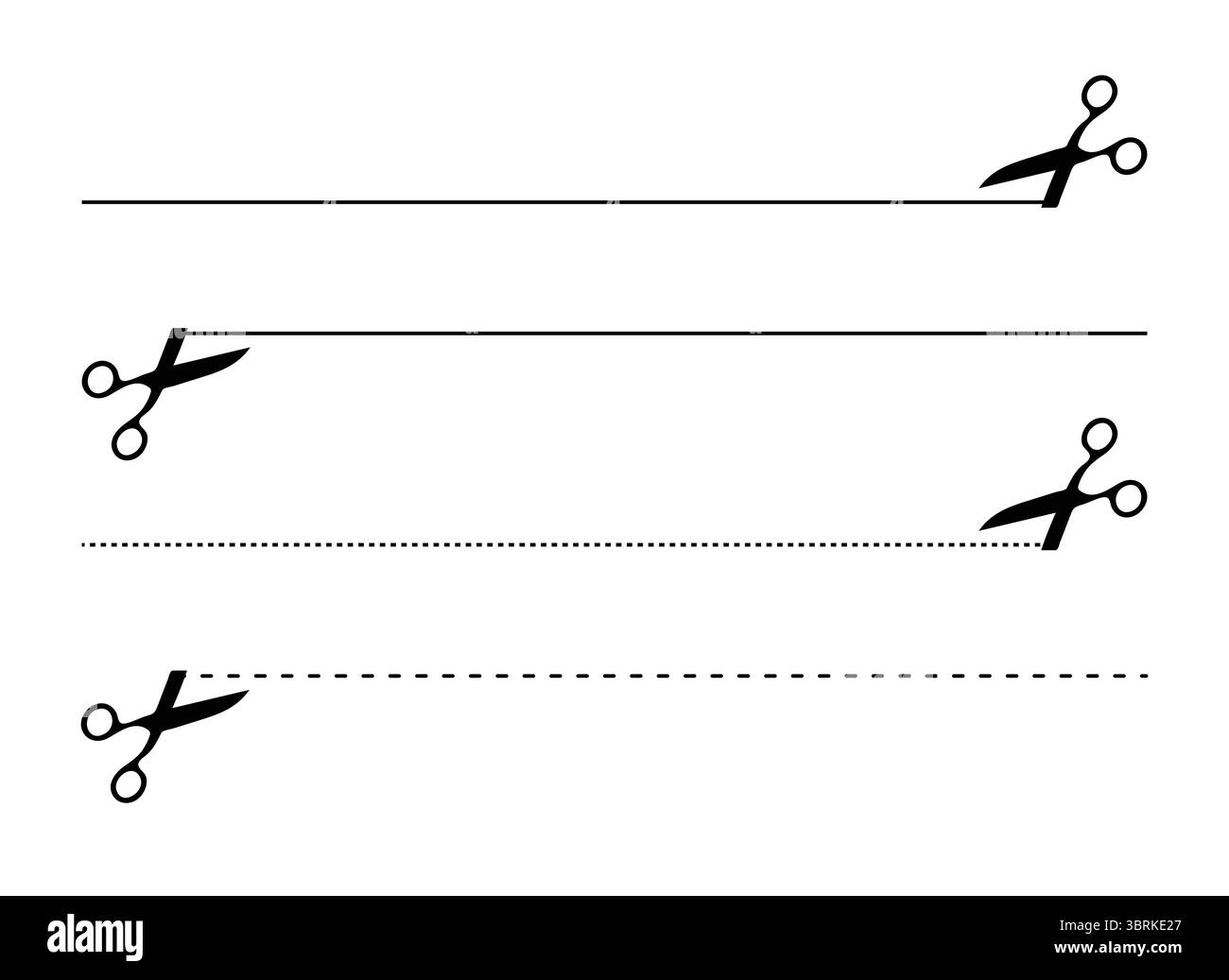 Set di linee di taglio a forbice tratteggiate e piane - Set di linee di taglio Illustrazione Vettoriale