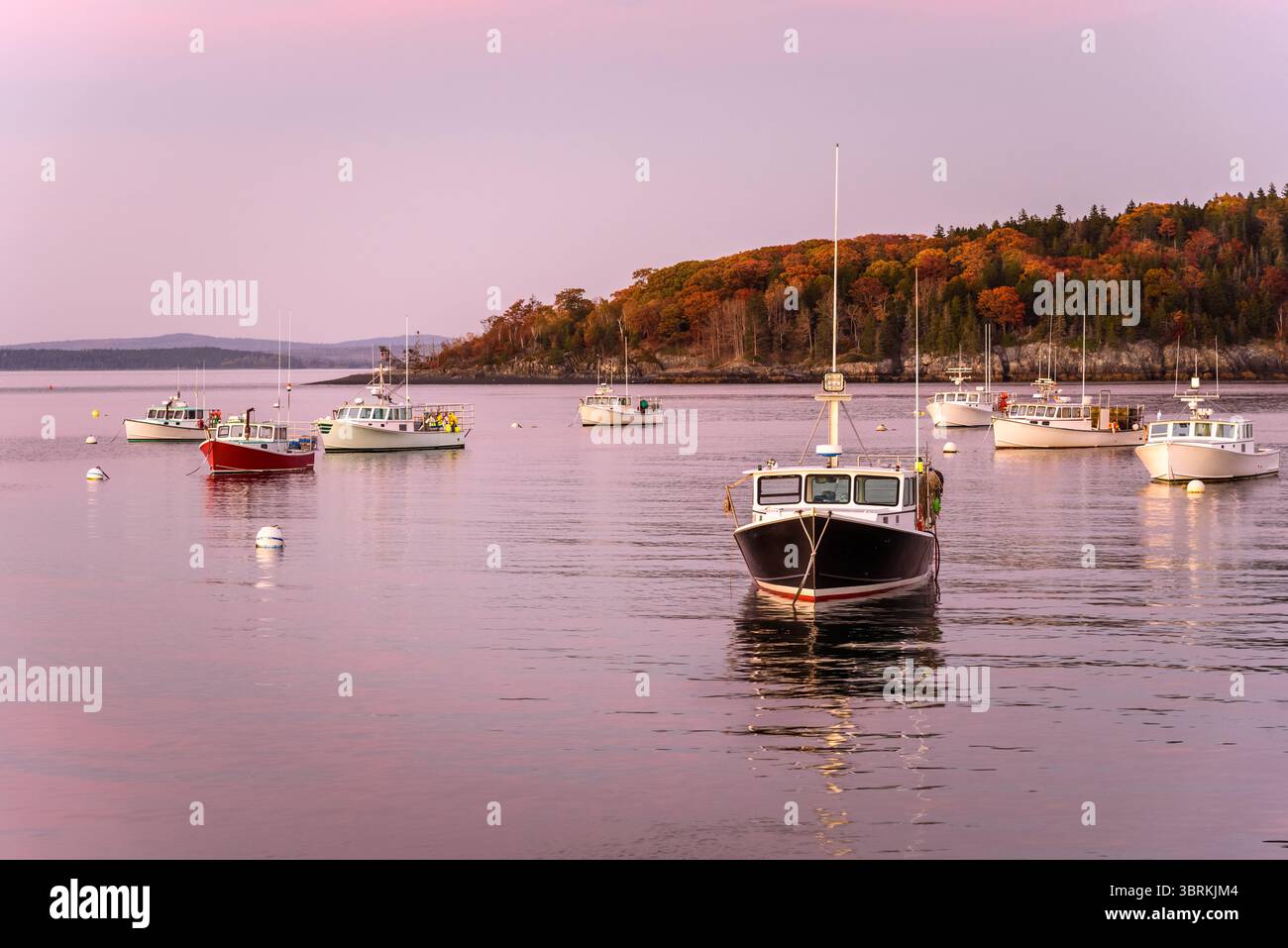 Barche da pesca ancorate in un porto naturale al crepuscolo in autunno Foto Stock