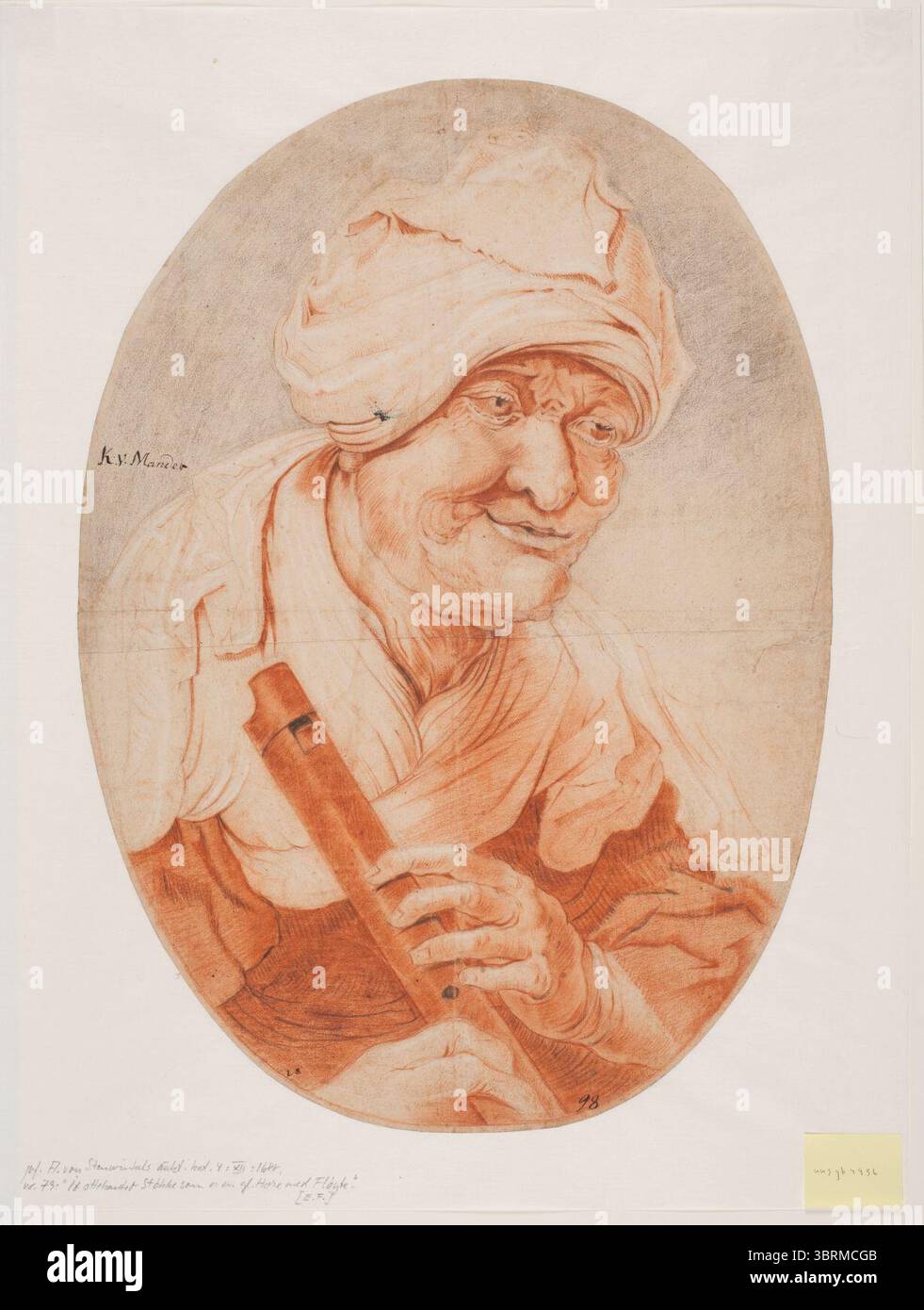 Mander III, Karel van, Gammel kone med blokfløjte i hænderne; halvfigur i oval, Foto Stock
