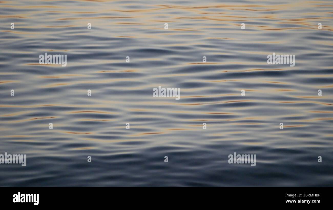 Un tranquillo primo piano di acqua ondulata delicatamente illuminata dalla calda luce dorata del tramonto. Schema delle onde per benessere, natura o tema di sfondo c Foto Stock