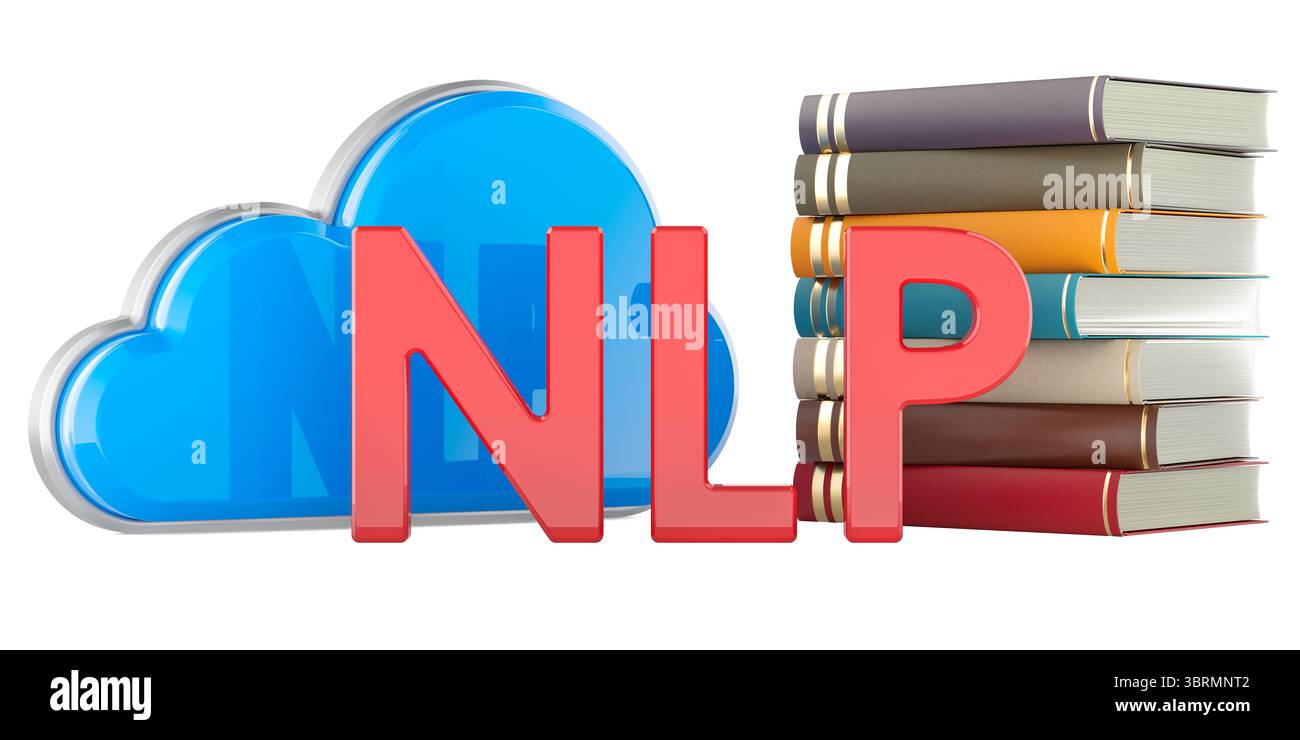 Concetto di elaborazione del linguaggio naturale PNL con cloud e libri. Rendering 3D isolato su sfondo bianco Foto Stock