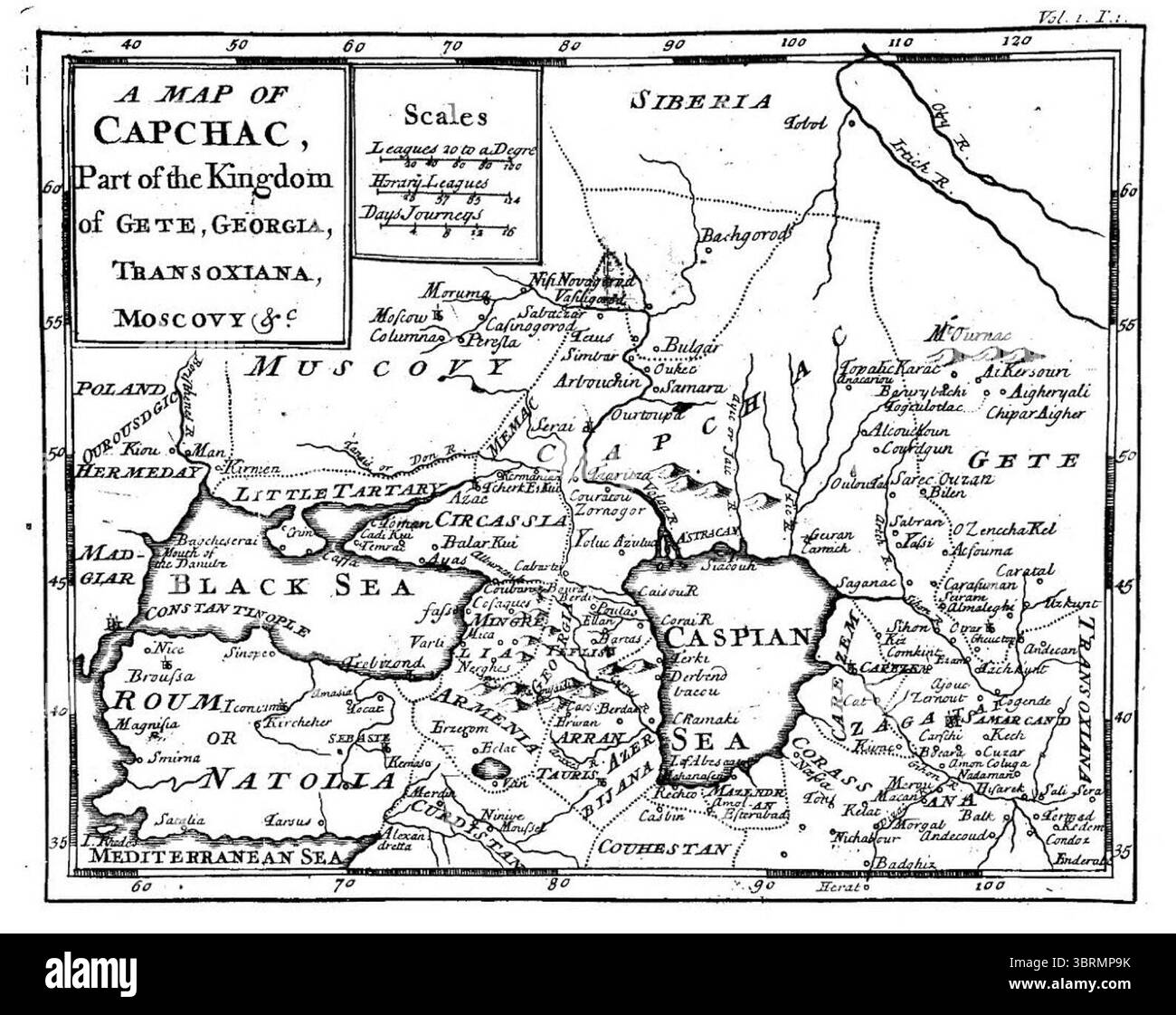 Mappa di Capchac, in The History of Timur-Bec (pagina 277), di Sharaf al-Dīn ʻAlī, traduzione di John Darby nel 1723. Foto Stock
