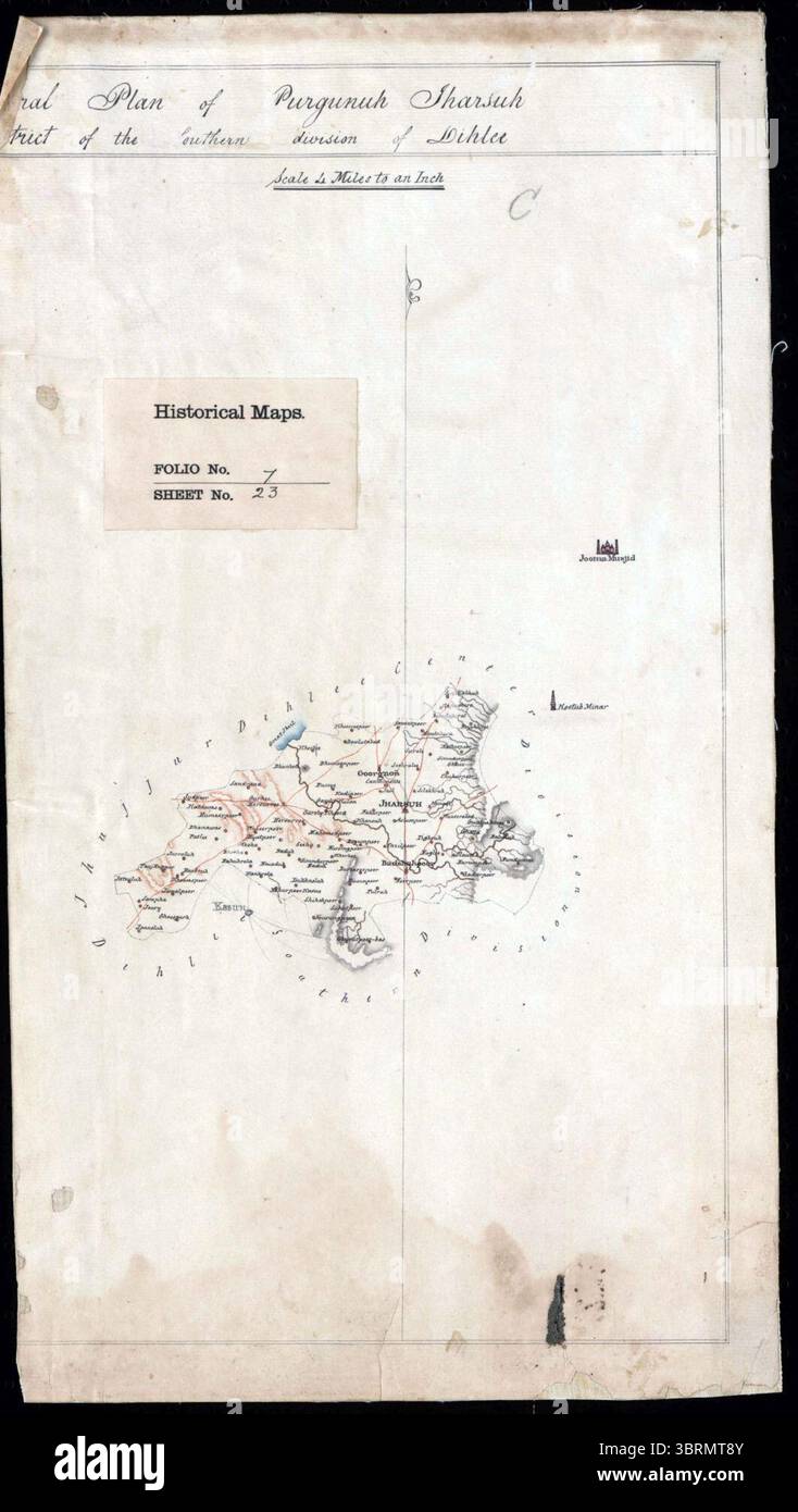 Mappa del piano generale di Jharsa Pargana, distretto della divisione meridionale di Delhi (F07-23). Foto Stock