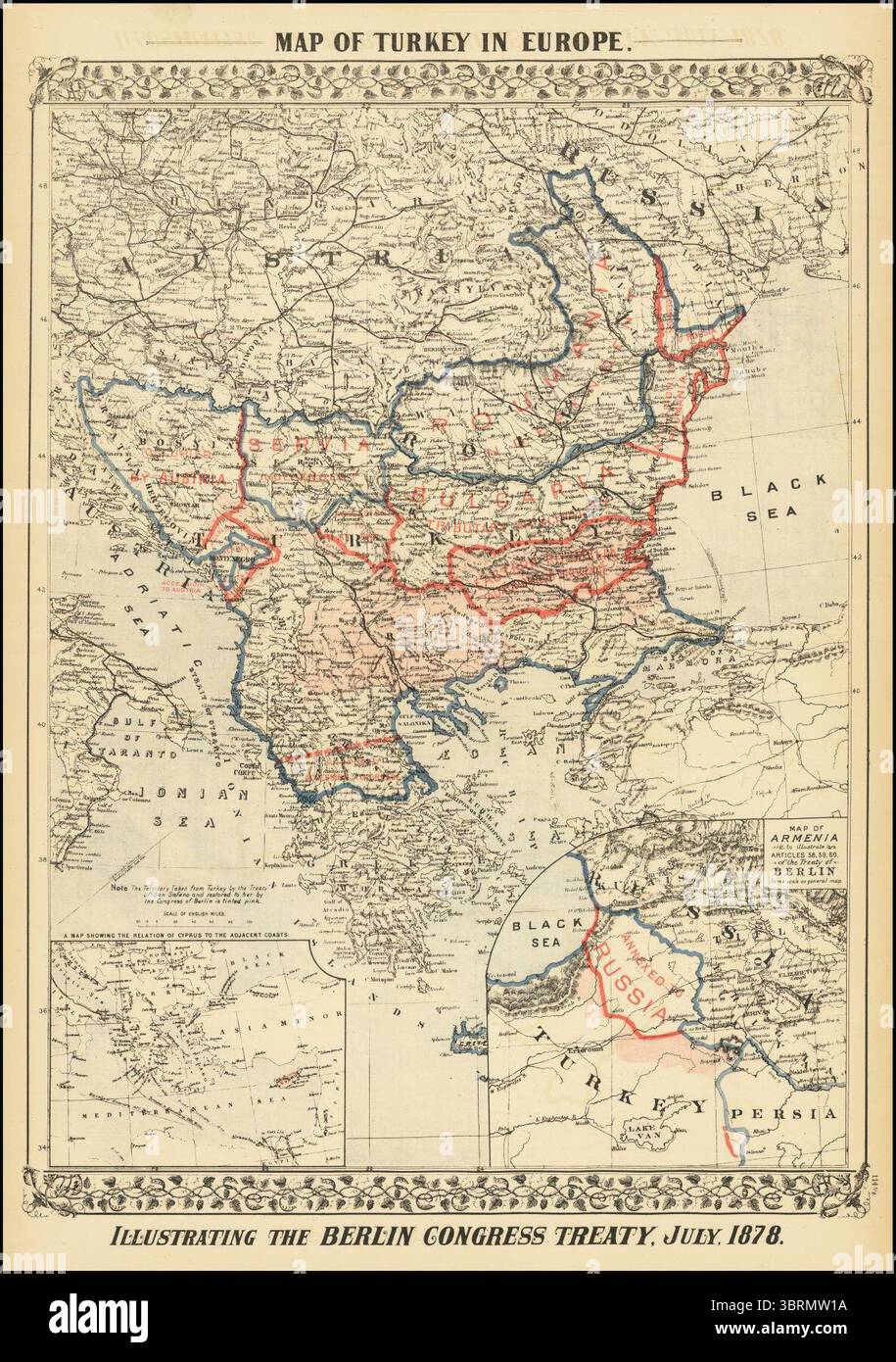 Mappa della Turchia in Europa. Illustrazione del Trattato del Congresso di Berlino, luglio 1878. Foto Stock
