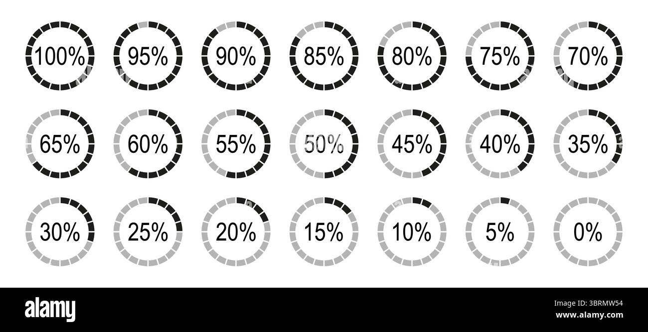 Elementi infografici percentuale. Icone dei diagrammi rotondi per infografiche da 0 a 100%. Indicatori dei grafici a torta divisi con riempimento di colore grigio e nero Illustrazione Vettoriale