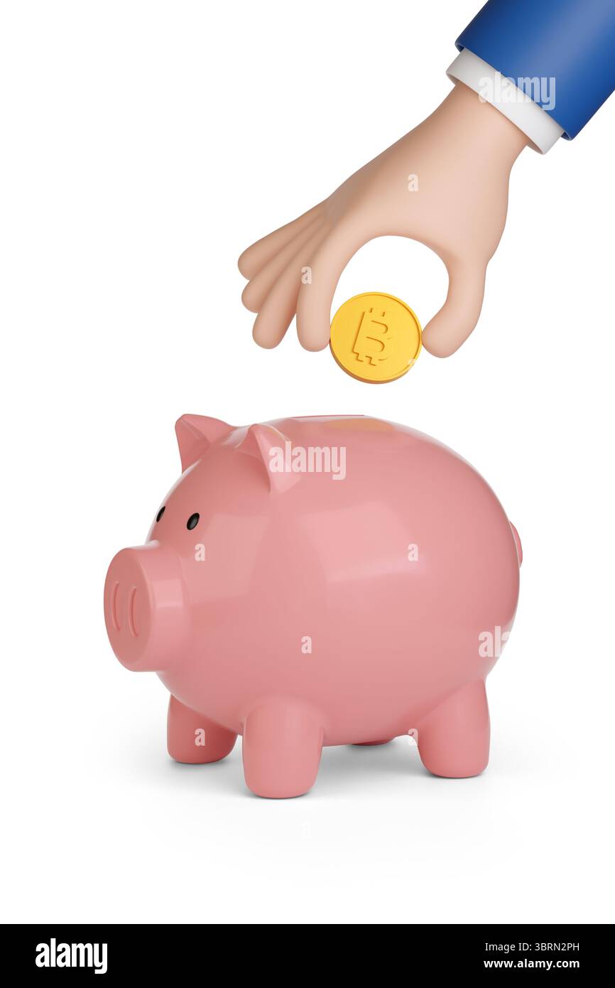 Mano di cartone che mette un Bitcoin in un salvadanaio. illustrazione 3d. Foto Stock