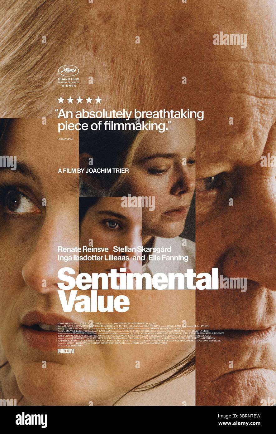 Sentimental Value (2025) diretto da Joachim Trier e interpretato da Renate Reinsve, Stellan Skarsgård e Inga Ibsdotter Lilleaas. Un'esplorazione intima della famiglia, dei ricordi e del potere riconciliatorio dell'arte. USA SOLO PER USO EDITORIALE DI un foglio di poster. Credito: BFA/neon Foto Stock